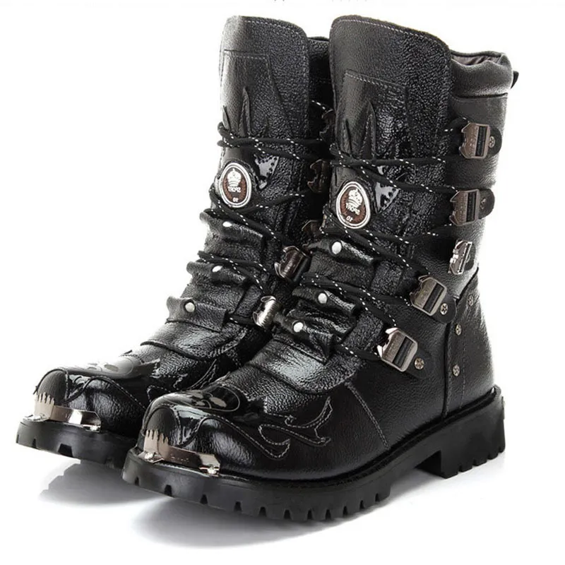 Bottes d'hiver hommes bottes de moto mode mi-mollet Punk Rock Punk chaussures hommes en cuir véritable noir haut haut hommes botte décontractée 38-46 230724