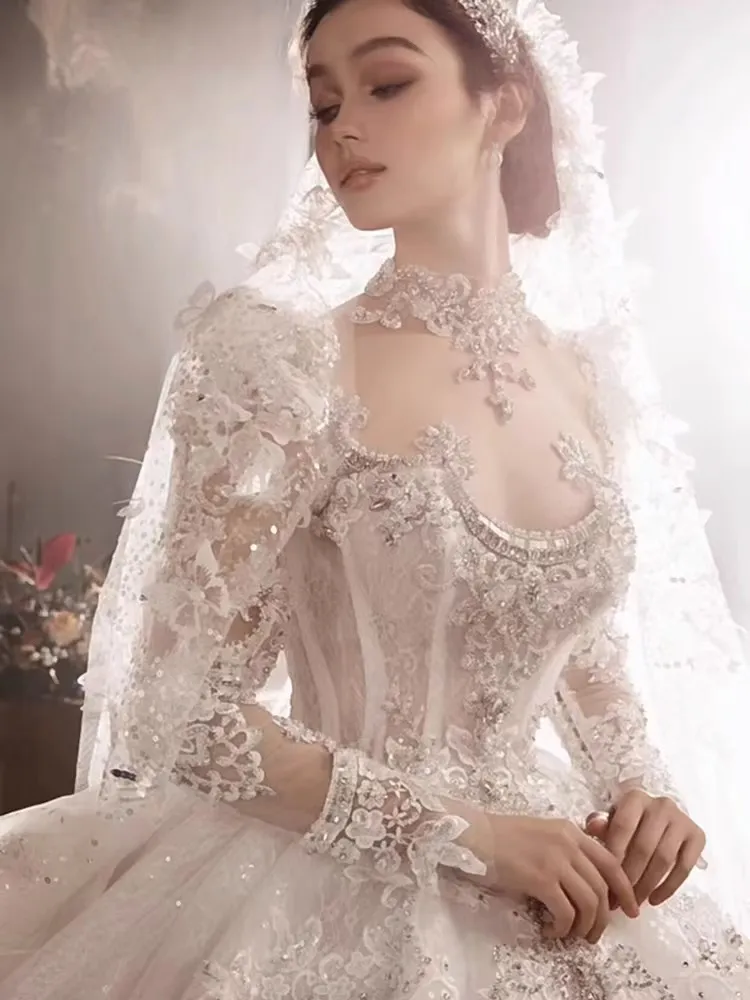 Modern Long Sleeves Lace Wedding Dresses Summer Bohemian A Line Bridal Gowns Appliques Robe de mariee With Court Train Plus Size Sweep Train Lace Up