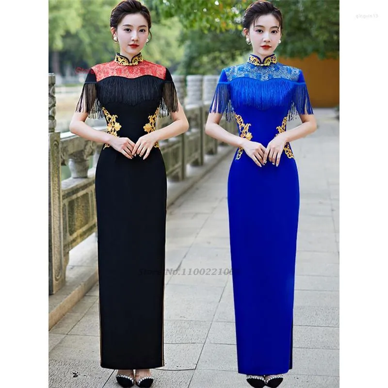 Etniska kläder 2023 National Flower Embroidery Dress Chinese Imoved Qipao Elegant Folk Lace Cheongsam Vestidos Bankettkväll