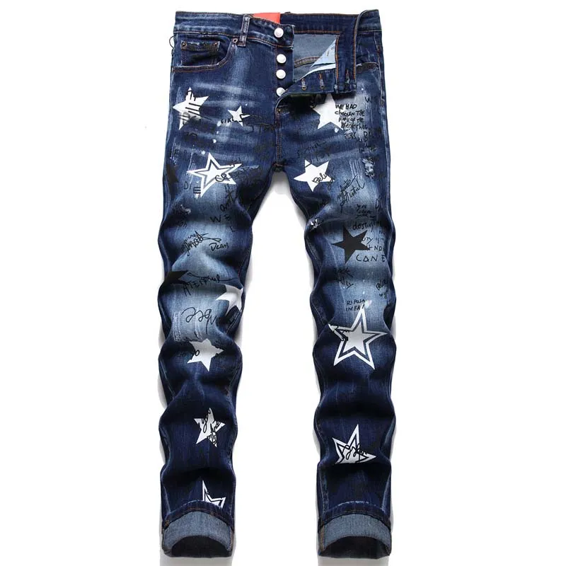 Mens Jeans masculino jeans designer calças jeans tendência de rua decoração com zíper rasgado costura motocicleta equitação calças finas Casual Jean Men Calças Skinny Elasticit