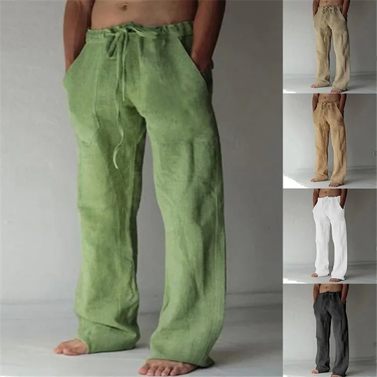 Мужские брюки повседневная хлопковая льняная мода Сплошная карманная шнурки мешковатые брюки комфорт свободные широкие брюки.