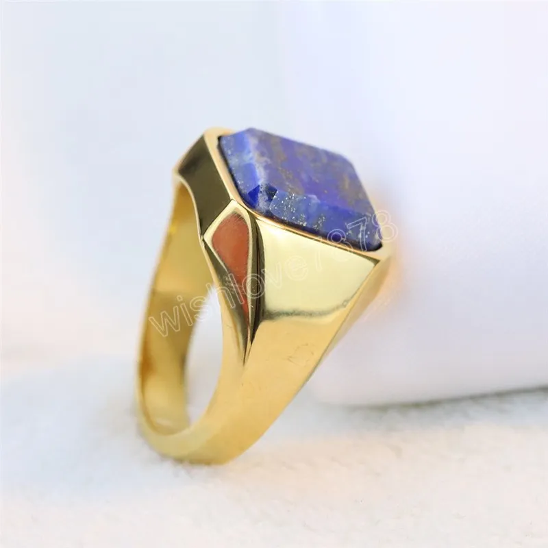 Mode Schwarz Gold Farbe Edelstahl Ring für Männer Punk Vintage Natürliche Lapis Lazuli Männlichen Schmuck Großhandel