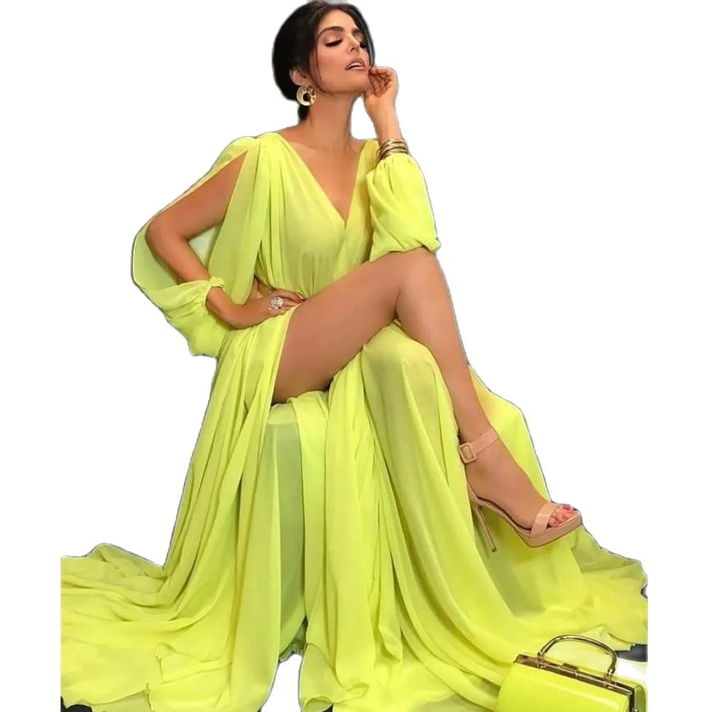 Sexy lange groene chiffon avonddesses v-hals split mouw een lijn galajurk geplooide bohemien vrouwtjes zomer vestido de novia