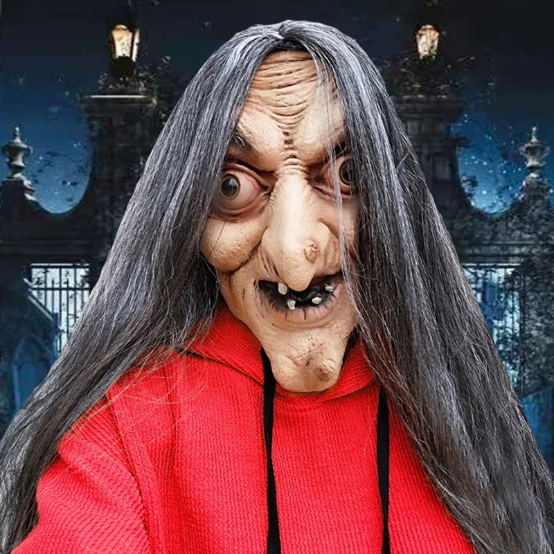 Straszna stara maska ​​wiedźmowa lateks z włosami Halloweenowa sukienka Grimace Costume impreza