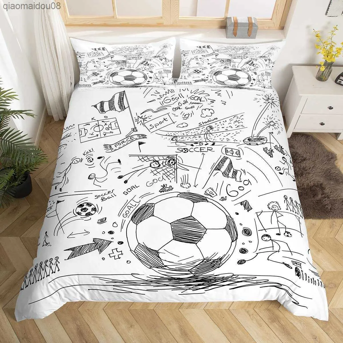 Fußball-Bettbezug-Set, handgezeichnete Skizze, Fußball-Flagge, Netzwerk, Mannschaftssport, Bettwäsche-Set für Jungen, Teenager, Männer, Twin Trösterbezug L230704