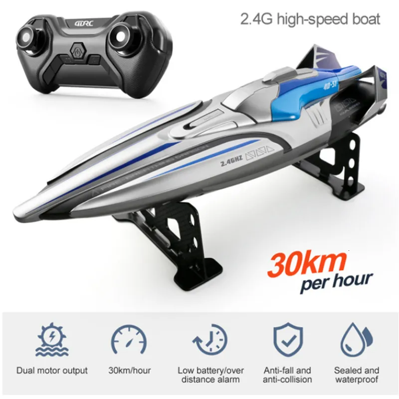 Elektrische/RC -boten 30 km/u RC High Speed Racing Boat Speedboat Remote Control Ship Water Game Kids Toys Children Birthday Gift 230724