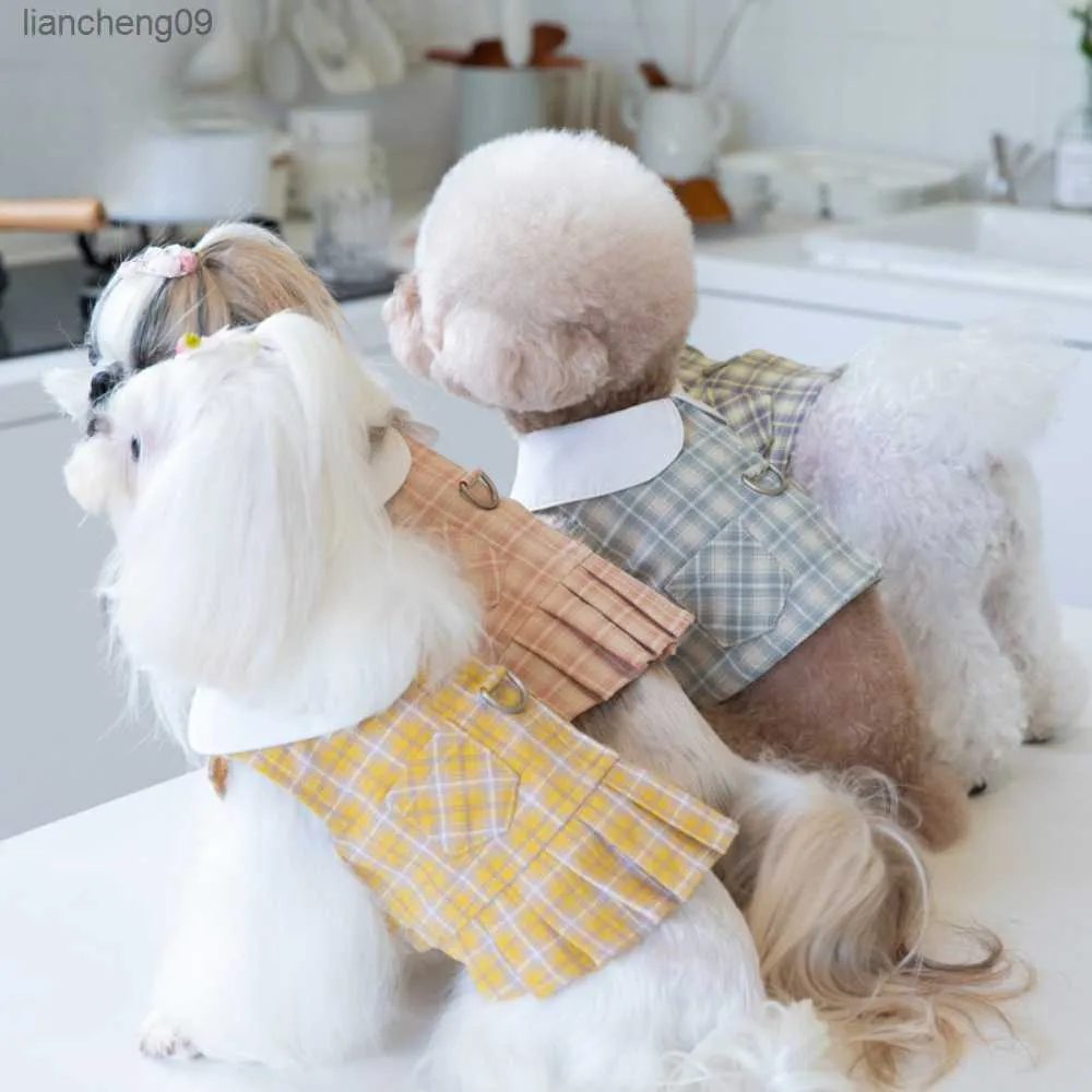 Primavera / Estate Checker Fascia toracica Gonna per cani Tulip Bow Bichon Teddy Gonna corta Imbracatura e guinzaglio per cani Set Accessori per cani L230620