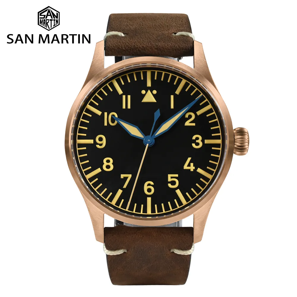 기타 시계 San Martin 41mm Cusn8 Bronze Pilot Watch NH35 자동 기계 남성 군사 단순한 사파이어 10BAR 가죽 Relojes 230725