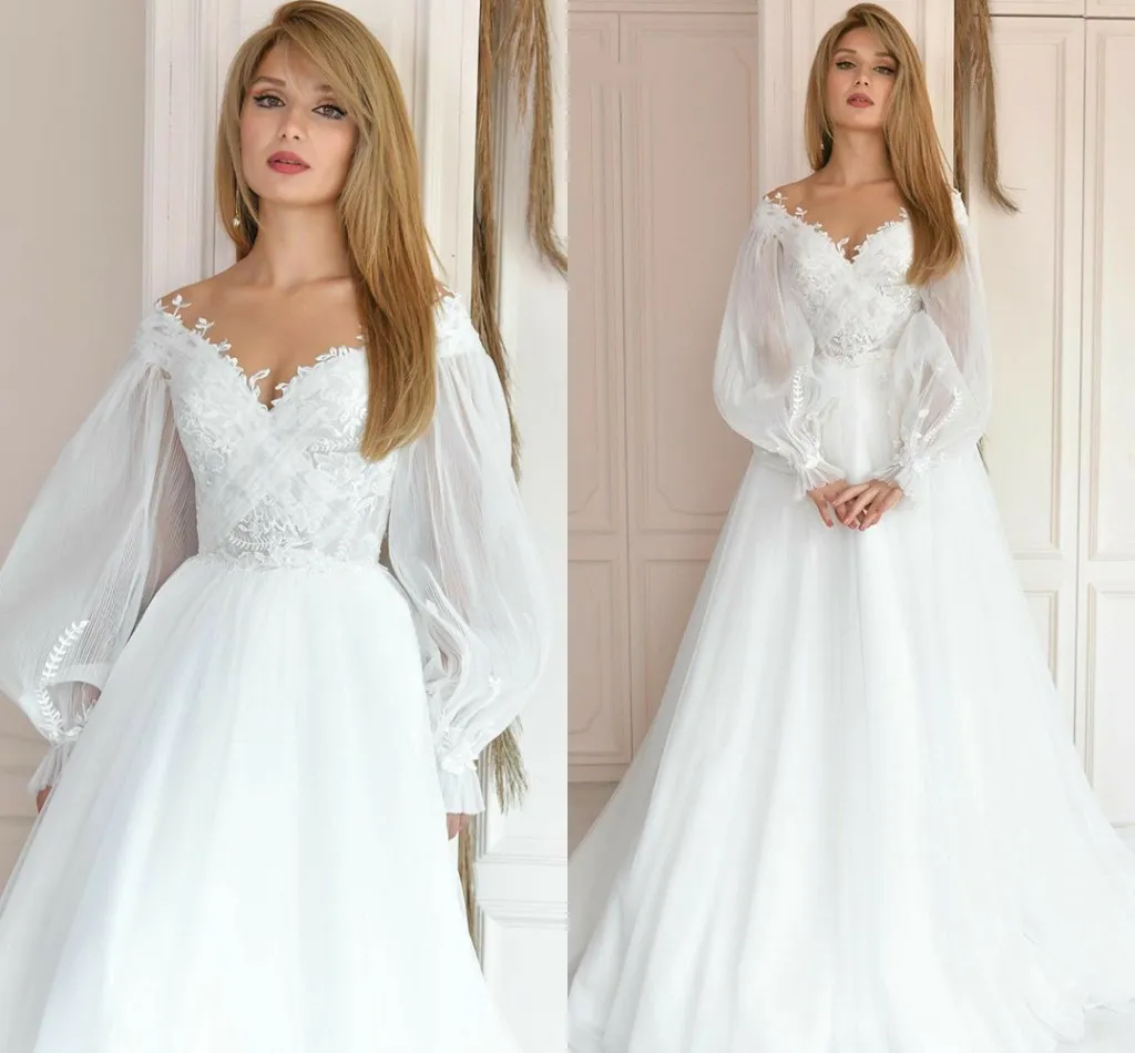 A-line Tiul Suknia ślubna Sheer Lace Appliques V-Neck Long Lantern Rleeves Romantyczna suknia ślubna 2023 Vestido de noiva