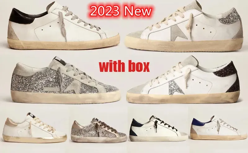 2023 Designer Clássico Novos sapatos casuais do velho sujo Gold Super Goose Star Marca italiana Sapatos super sujos Star Luxury sujo de lantejoulas branco com sapatos de caixa