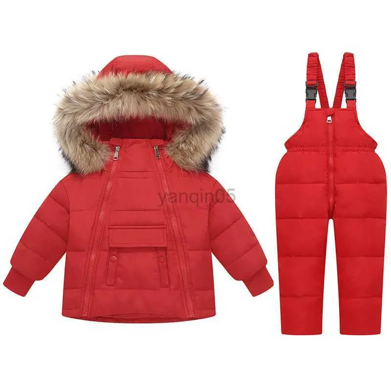 Down Coat Småbarn Kid Boys Girls 2-Piece Skisuit Winter Coat Hooded Puffer Down Jacket Ski Bib and Snow Pant Two Piece Snowsuit Outfit Set HKD230725