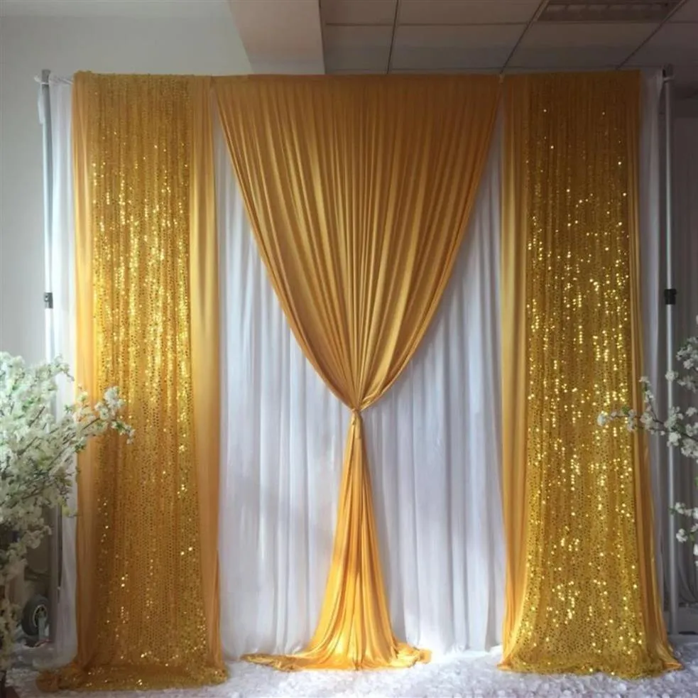 Luxuty Hochzeits-Hintergrundvorhang, 3 m H x 3 m B, weißer Vorhang mit goldenem Eisseiden-Pailletten-Drapierhintergrund, Hochzeitsfeier-Dekoration2671