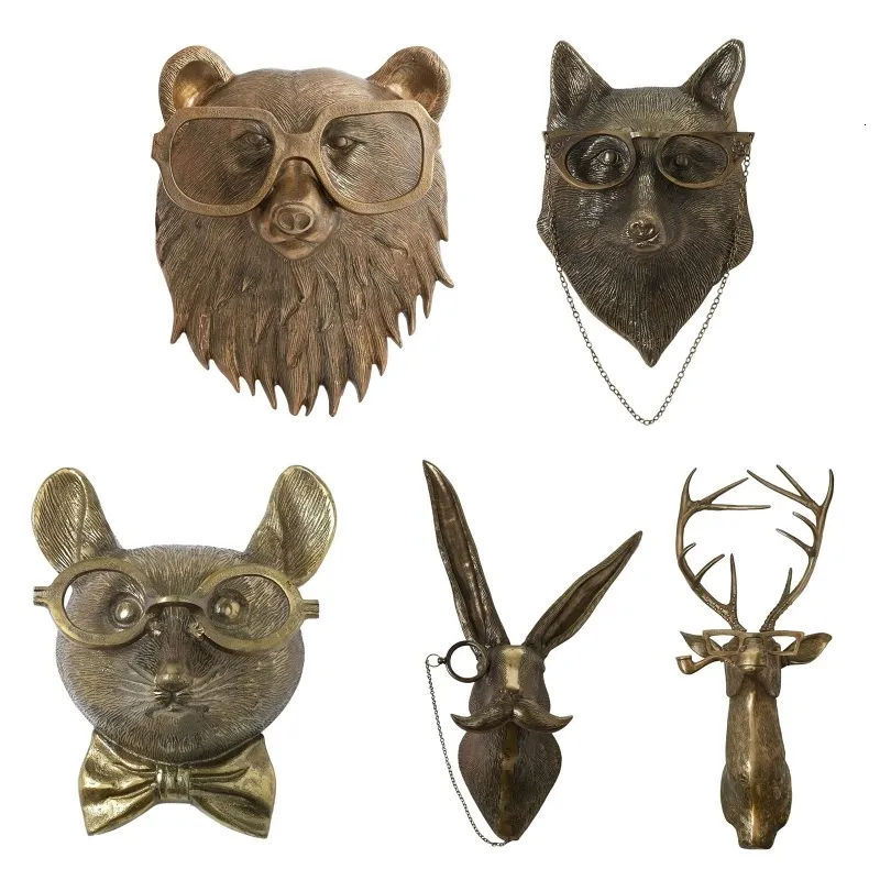 Dekorativa föremål Figurer Bronzed Harts Animal Head Sculpture With Glasses Bear Staty Wall Decor 3d Animal Home Halloween Decor 230724