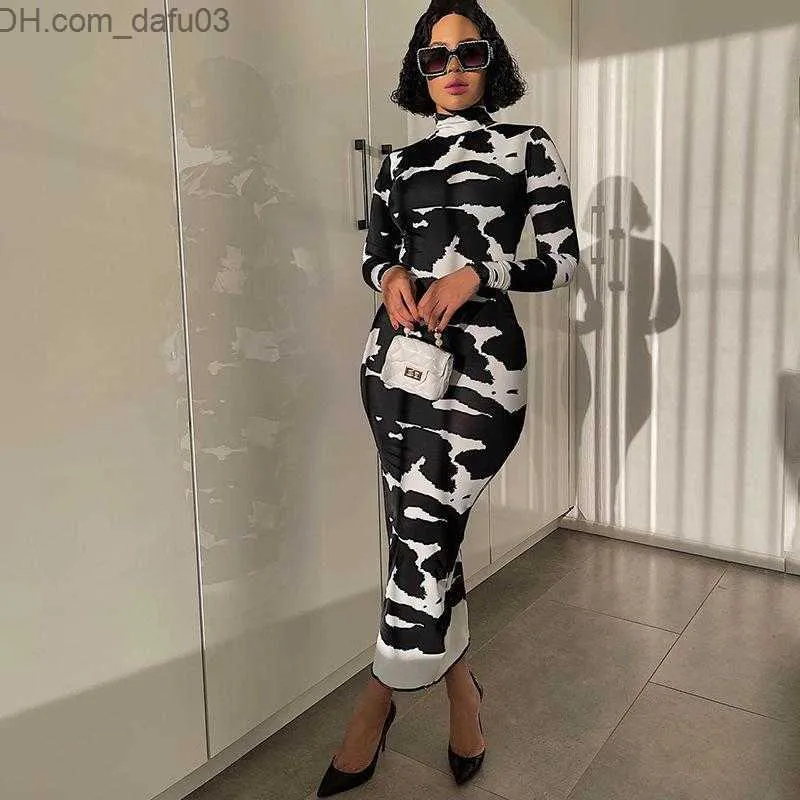 Basic Casual Dresses Autumn Women Fashion Long Sleeve Bodycon Pencil Jurk Maxi Cow Print Turtleneck voor 2022 Winterkleding Streetwear Z230725156