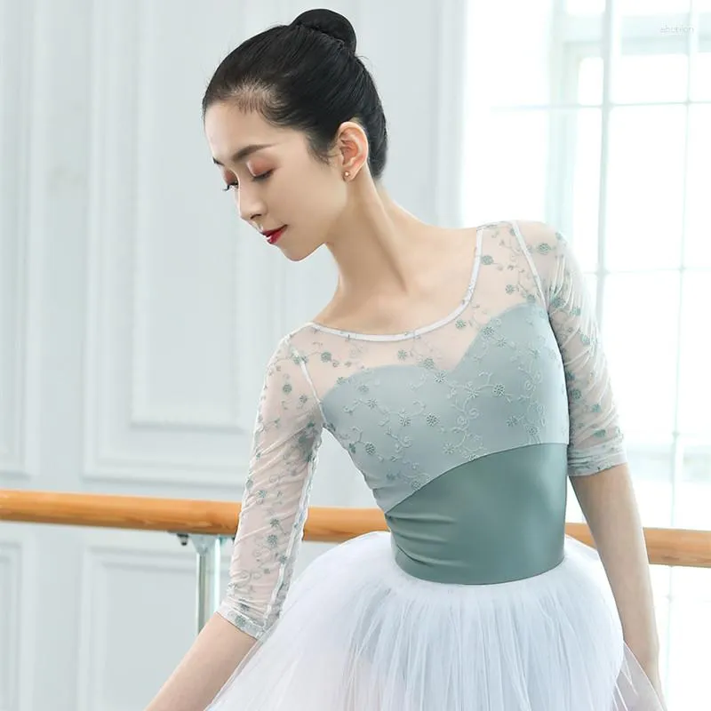 Stage Wear Middle Sleeve Ballet Pratique Vêtements Fleur Broderie Adulte Gymnastique Combinaison Dancewear Compétition Performance Justaucorps