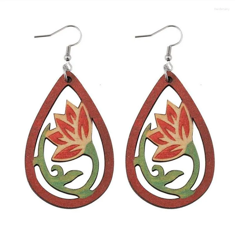 Boucles d'oreilles pendantes découpe bois Lotus fleur larme pour les femmes léger fleur demoiselle d'honneur bijoux en gros