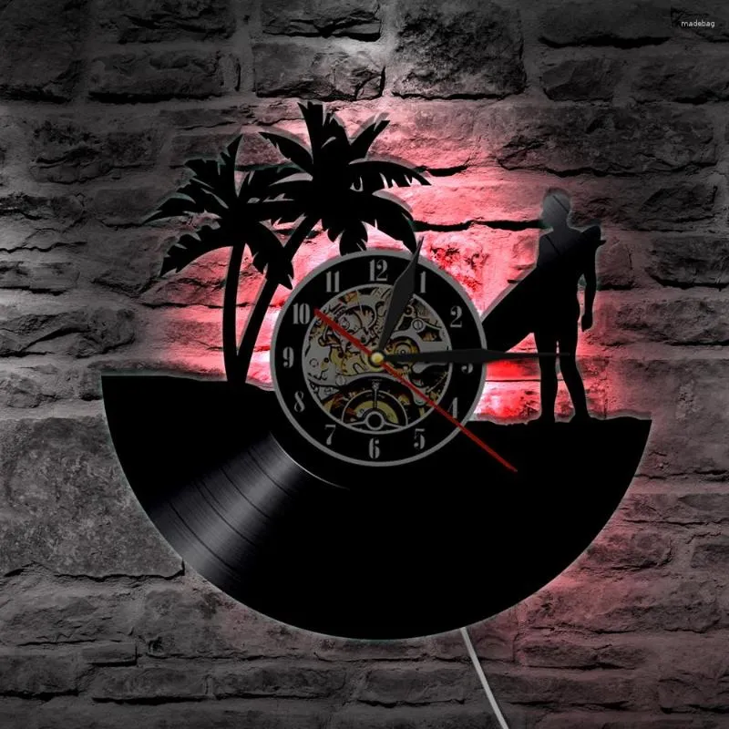 Wall Clocks Hawaii Surfing Art Clock Personalized Record LP Modern Design Living Room Decoration Surfer Gift Idea