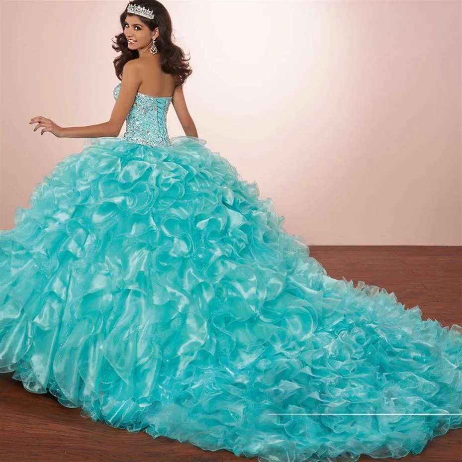 Vestido de Baile de Máscaras Cristais de Luxo Princesa Puffy Quinceanera Vestidos Turquesa Babados Vestidos De 15 Vestido 2019 com Bolero ja215J