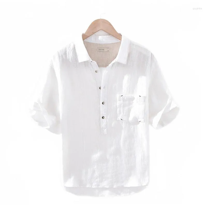 Chemises décontractées pour hommes Col carré Chemise à demi-manches en lin Été Mode japonaise Polyvalent Art Stripe