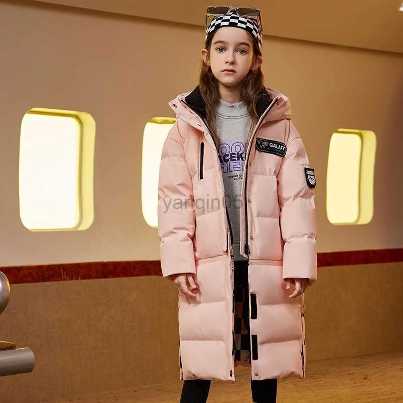 Piumino invernale 2023 piumino per bambini nuovo di moda Cappotto caldo estensibile con cappuccio bianco da ragazza Cappotto di piumino impermeabile per ragazzi 90% HKD230725