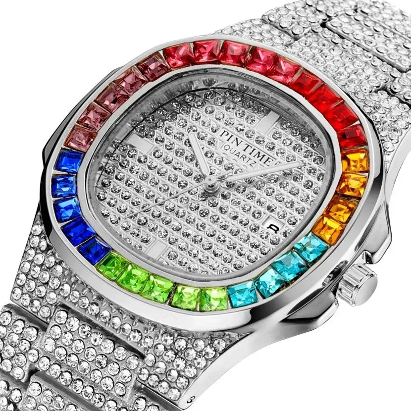 Couleur diamant carré femmes hommes montre à Quartz étanche glacé Hip Hop tout diamant luxe mode robe montre argent Rose 290e