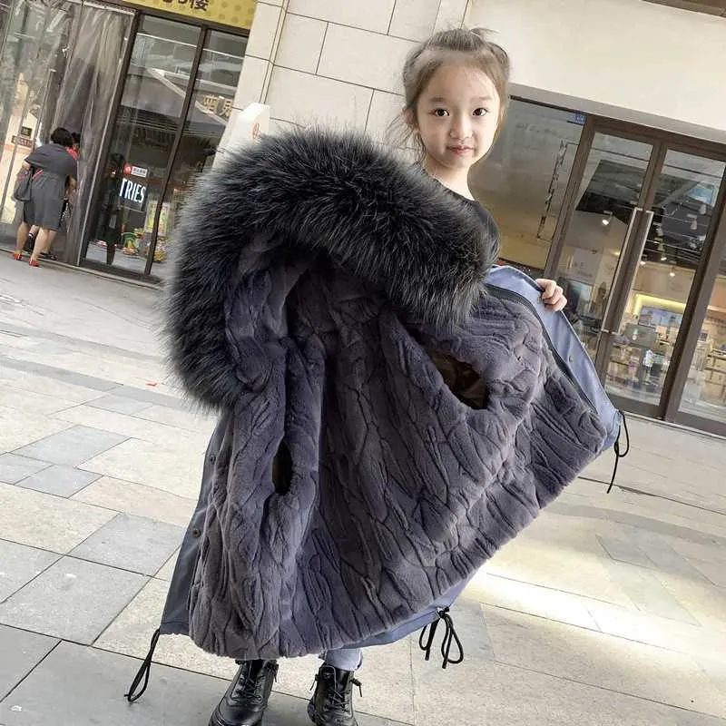 Down Coat 2023 30 Degree Girl Winter Parkas Big Fur Collar Plus Velvet Faux Rabbit Fur Girl Jacket Coat 4 14 Years Kids Teenage Outerwear HKD230725