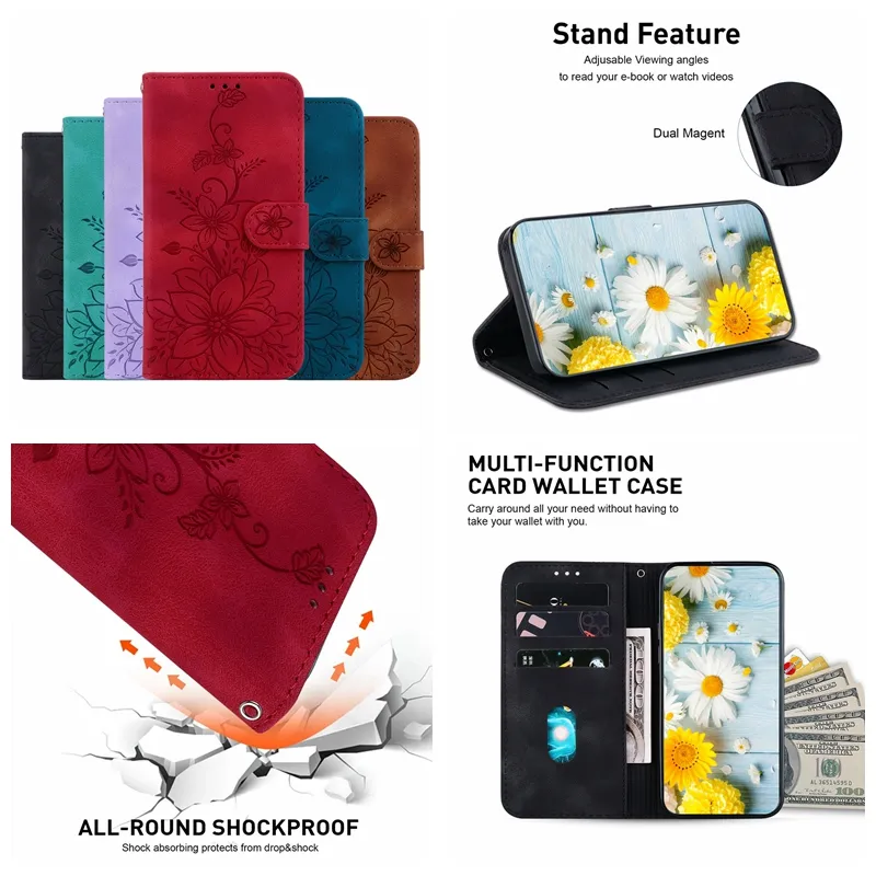 Custodie a portafoglio in pelle fiore per Motorola Edge 40 Pro E13 G12 G73 G72 E22 G32 G62 Huawei Honor X5 X8a 80 SE X9A 80 Pro 70 X8 Imprint ID Card Slot Holder Flip Cover PU Pouches