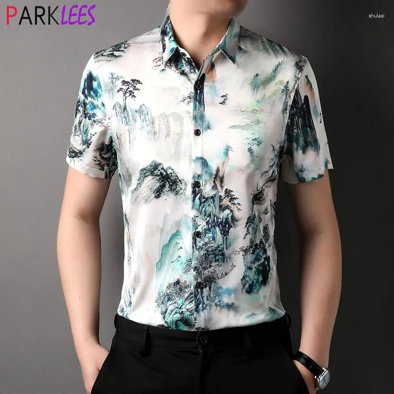 Mannen Casual Shirts Luxe Chinese Landschap Schilderen Print Zijde Satijn Shirt Mannen 2023 Zomer Korte Mouw Glad Heren Jurk Chemise