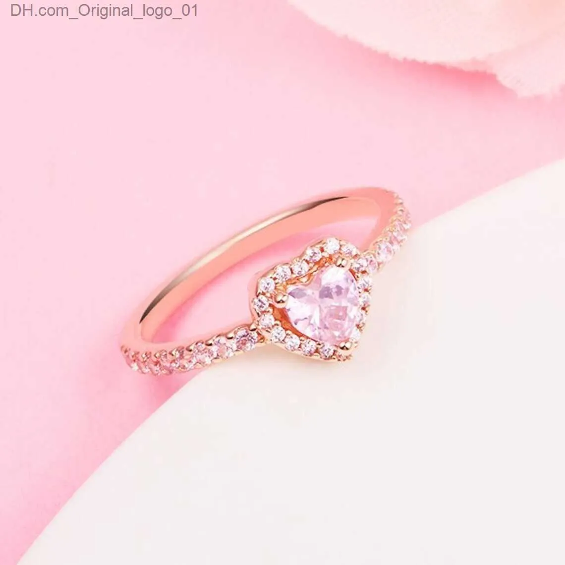 Band Rings Rose Gold Plated Sparkling Pink Elevated Heart Ring Fit Pandora Jewelry Engagement Wedding Lovers Fashion Ring For Women Z230725