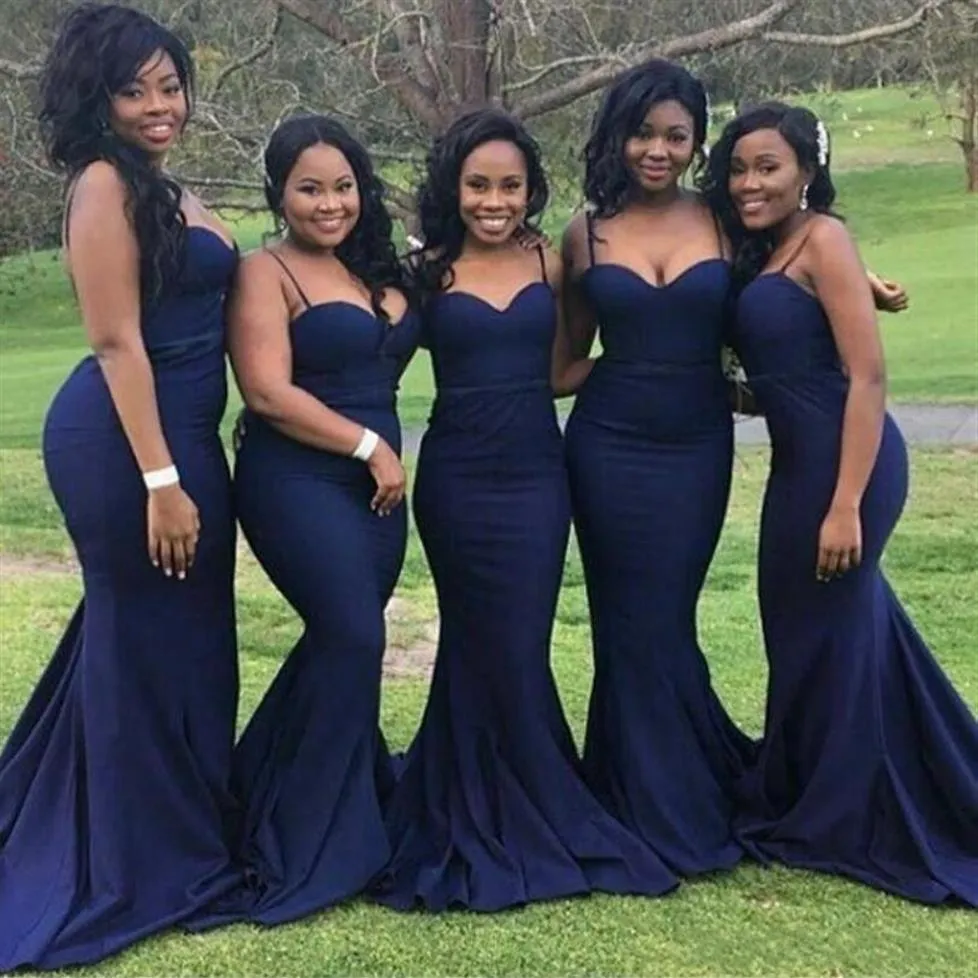 2018 African Dark Blue Mermaid Sukienki druhny Seksowne paski spaghetti Sweetheart Maid of Honor Suknie Satynowe wykonane ślub G345V