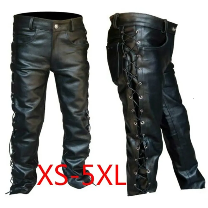 Pantaloni da uomo Pantaloni in pelle con lacci Pantaloni moto punk neri per uomo Moda inverno Abbigliamento uomo grande e alto Pantaloni Pantalon Homme 230724