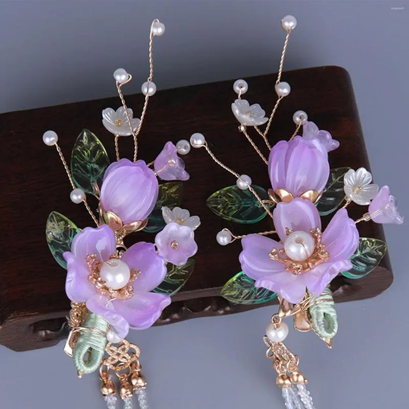 Hårklipp lila blommestift hårklipp retro kinesiska smycken tillbehör pärlhuvud huvudbonad för kvinnor flickor hanfu klänning