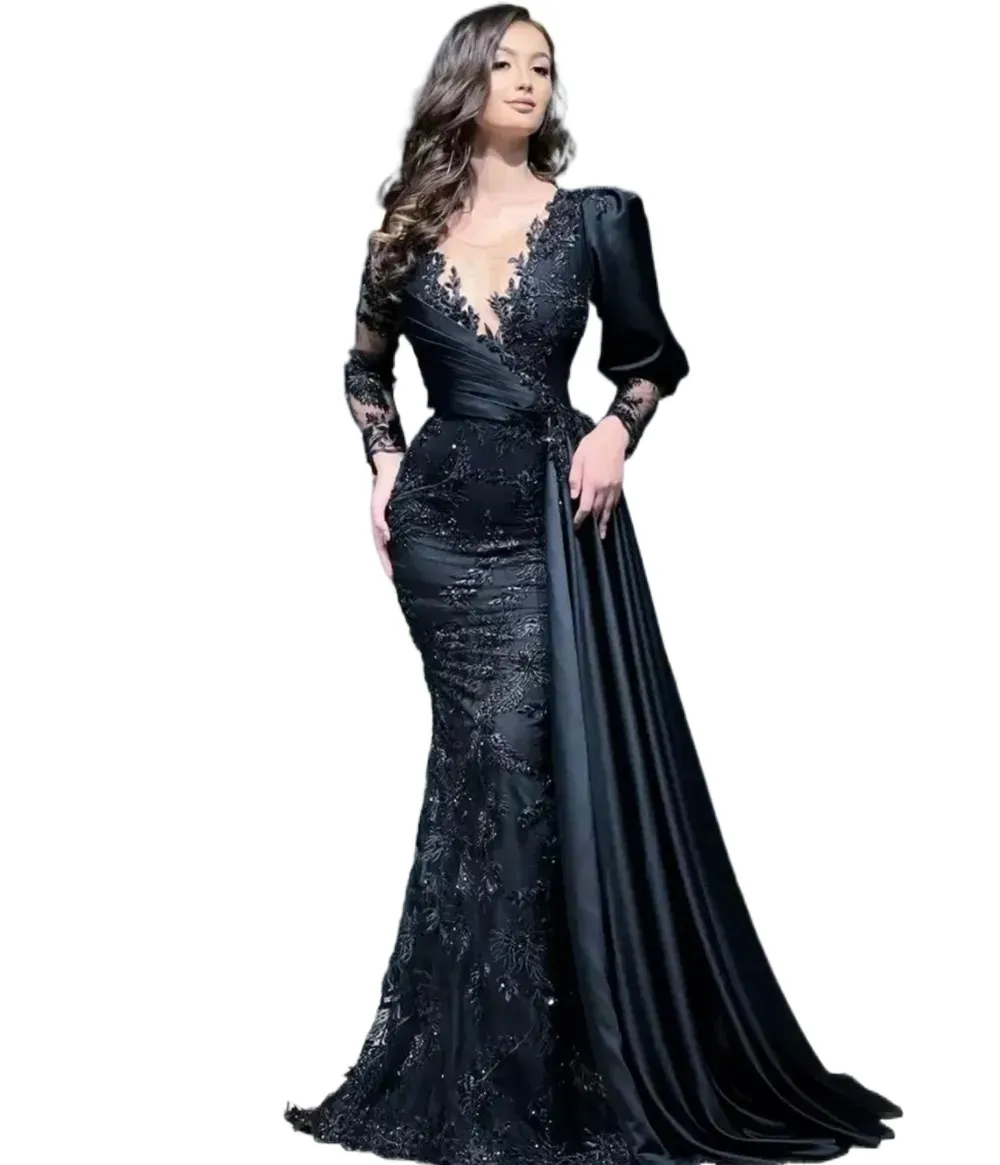 Nouveau Noir Sirène Robes De Soirée Formelle Robe De Soirée De Bal Col En V À Manches Longues Etage Longueur Balayage Train Applique Dentelle Perlée Satin Illusion