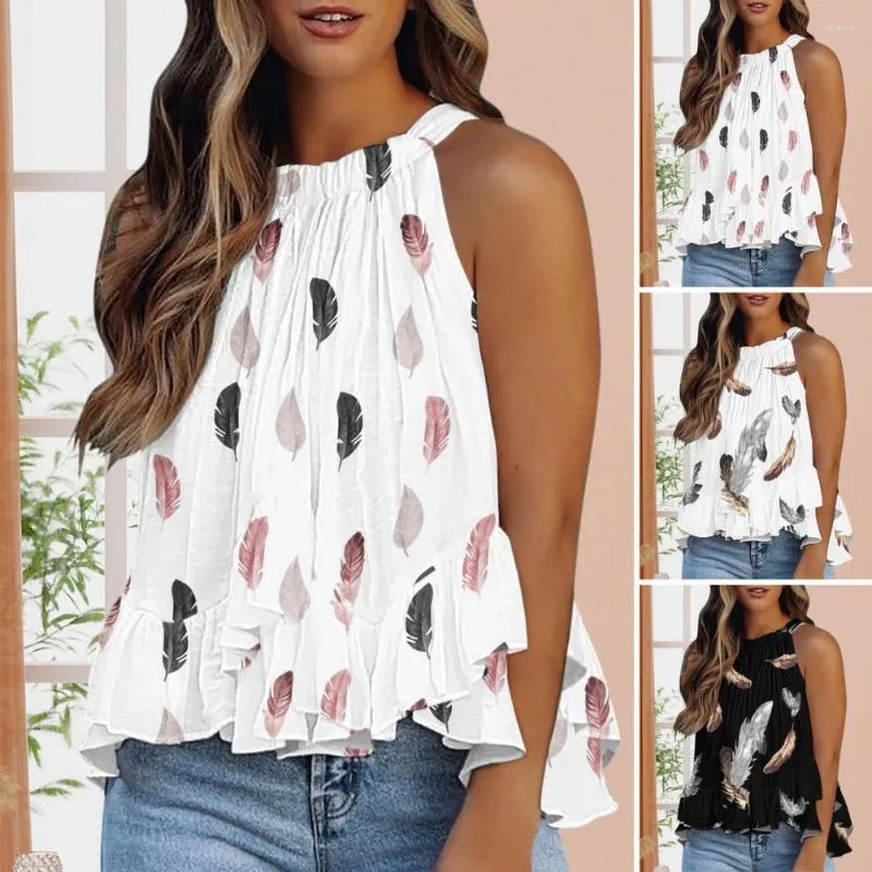 Dames Blouses Dames Halter Mouwloos Vest Tops Retro Veren Print Onregelmatige Ruffle Zoom Blouse Zomer Ademend Koeling Losjes Geplooid