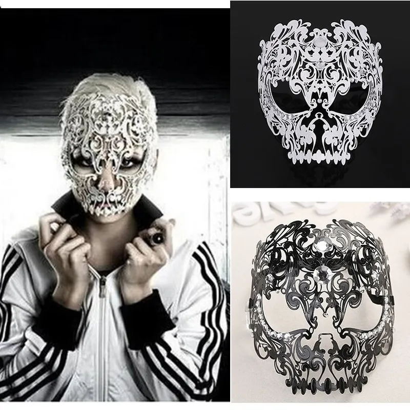 Skull Full Face Mask Mask Mardi Gras Party with Rhinestones Metal Hollow Out Maski Kostium Wielkanocny