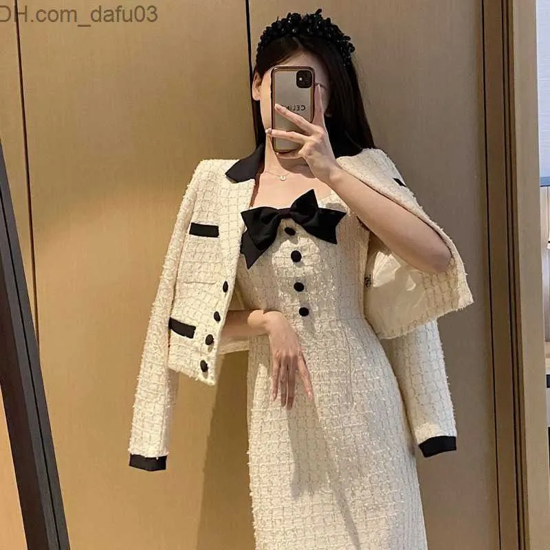 Robe Deux Pièces Robe Deux Pièces Recadrée Blanc Tweed Manteau Élégant Moulante Jarretelles Plaid Ensembles Mode Coréenne Vêtements D'hiver Veste Femmes 221010 Z230725