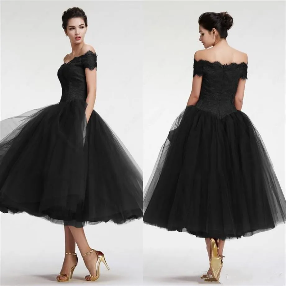 Gothic Black Short Prom Dresses 2020 New Ball Gown Tea Length Off-the-shoulder Lace Tulle Formal Evening Dress Party Gowns177D