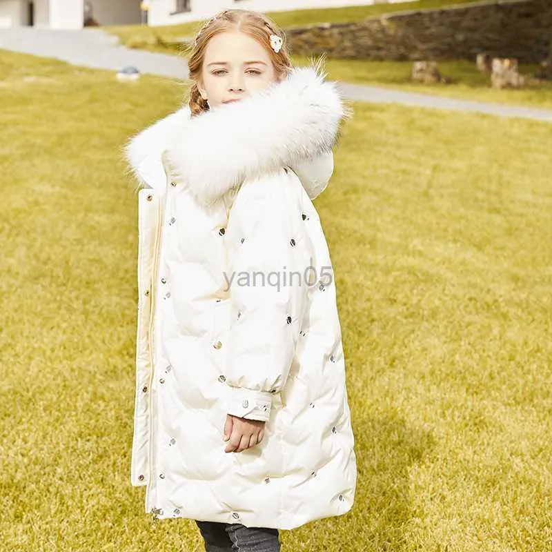 Down Coat Girls Winter 90 White Duck Down Jackets Children Thicken Warm Hooded Coats Kids Long Fur Collar Overcoats Waterproof HKD230725