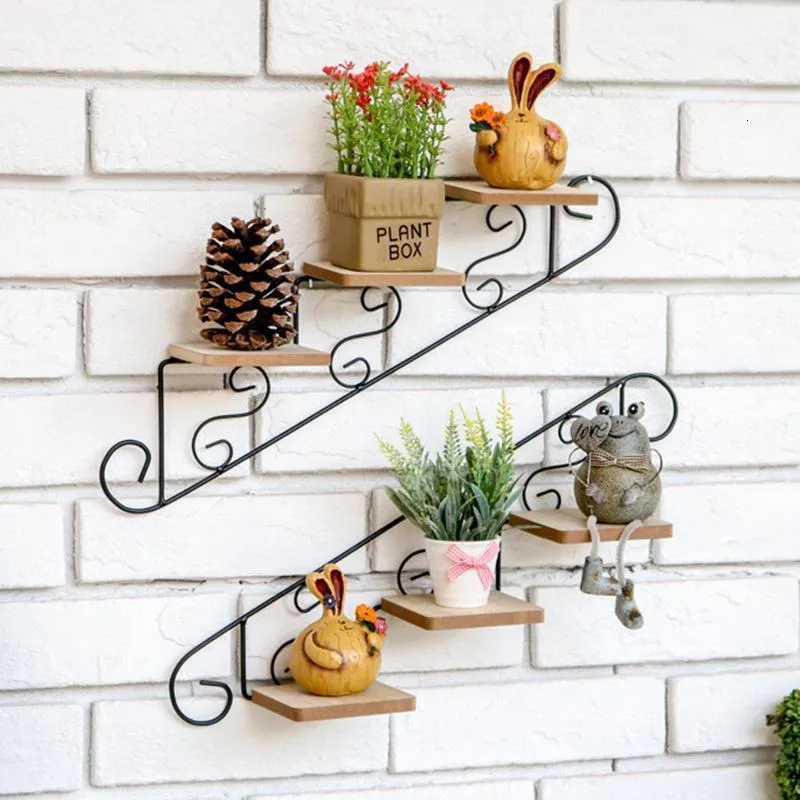 Decorative Objects Figurines Retro Staircase Frame Wall Decoration Storage Rack Hanging Flower Shelf Mount Pot Stand Home Decor 230725