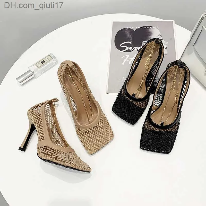 Sandals Hot Sale-Vintage Square Toe High Heels Shoes Women Air Mesh Designer Women's Shoes Free Shipping Z230727