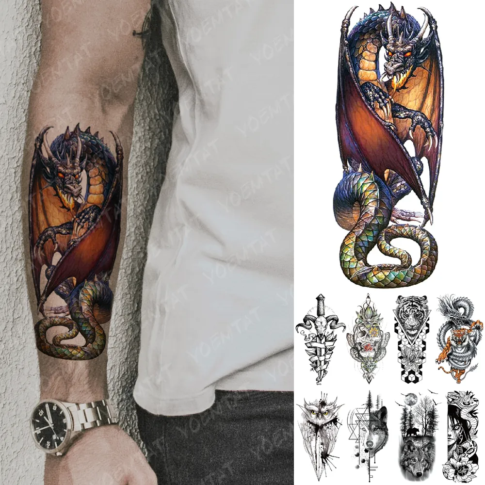 Adesivo de tatuagem temporária à prova d'água Dragon Knight Spitfire Flash Tattoos Tigre Coruja Lobo Arte Corporal Braço Tatuagem Falsa Mulheres Homens