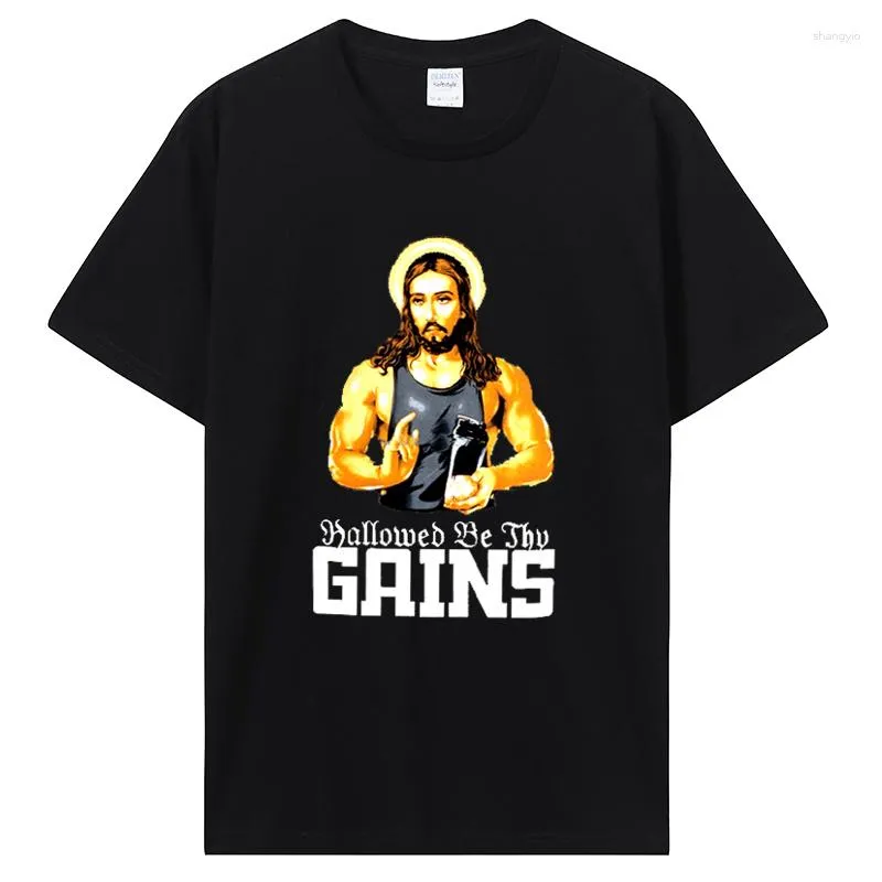 T-shirts pour hommes Hallowed Be Thy Gains Tshirt Funny Muscle Jesus Haltérophilie Work Out Humour T-shirt Loisirs Vêtements confortables Hommes Coton