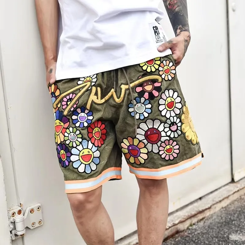 Japanese Style Embroidered Shorts For Men Fashion Sunflower Printed Shorts For Women Summer Causal Anime Shorts Beach Y2k Shorts