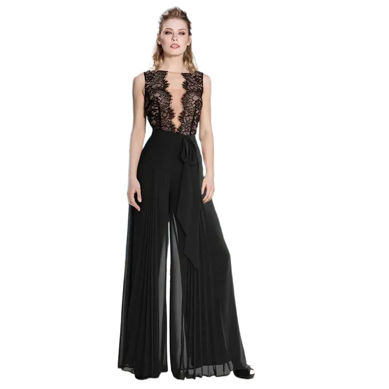 Modest Black Jumpsuit Prom Dresses Illusion Lace Chiffon Draped Floor Length Evening Gown Zipper Back Formal Occasion Gowns