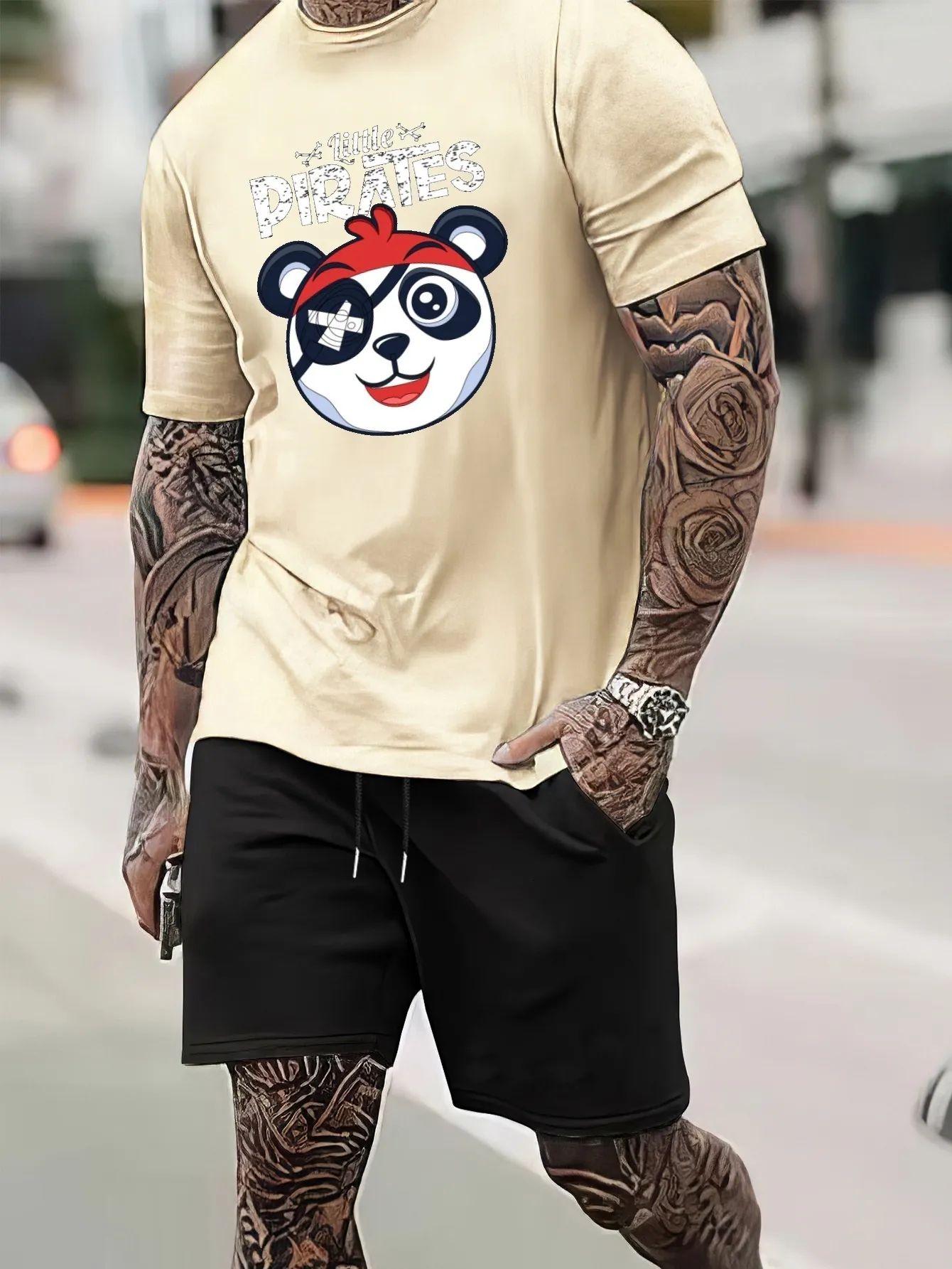 Survêtements pour hommes 2023 Eyepatch Pirate Panda Print Mens Casual 2 Piece Outfit Sets Tshirt Tops Drawstring Lounge Shorts Loungewear Survêtement 230724