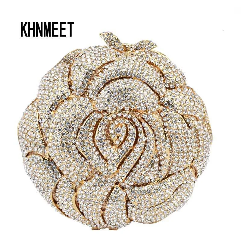 Evening Bags Gold rose flower shape Luxury evening bags crystal clutch bag women wedding pochette bride Handcraft soiree purse SC113 230725