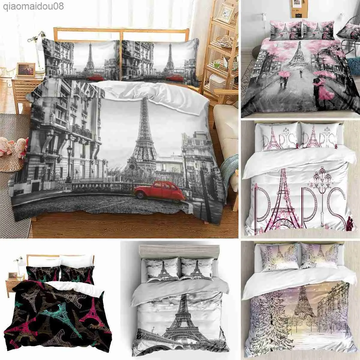 Eiffel Tower Quilt Cover Set King/Queen Size Paris Tema Bäddsuppsättning Flickor Tonåringar Famous French Grey CityScape Style Däcke Cover L230704