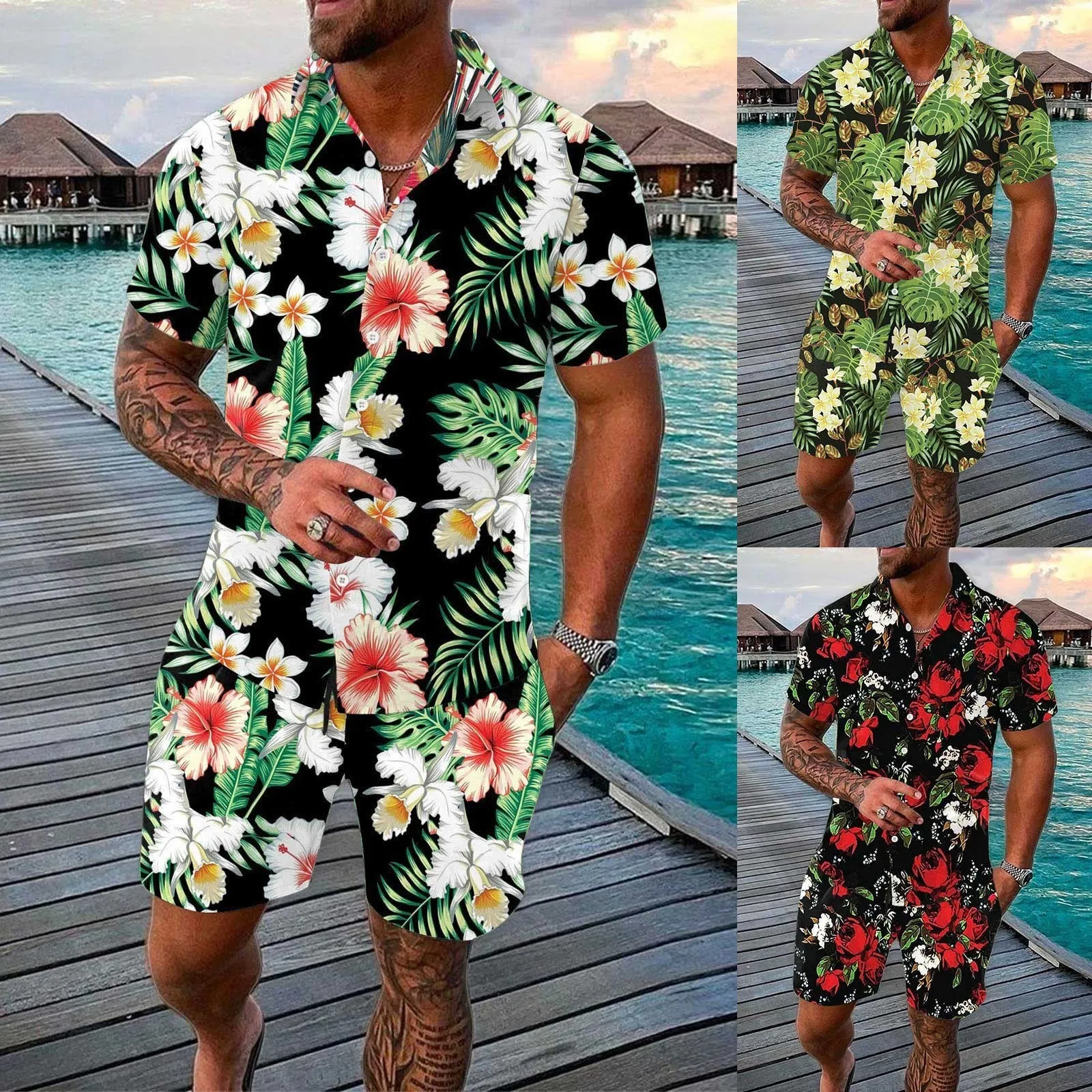 Herren-Trainingsanzüge, Frühling, Sommer, Freizeit, Sport, Hawaii, Strandstil, Nähte, Streifendruck, kurzärmeliges Hemd, Hosen, zweiteiliger Anzug, Mäntel 230724