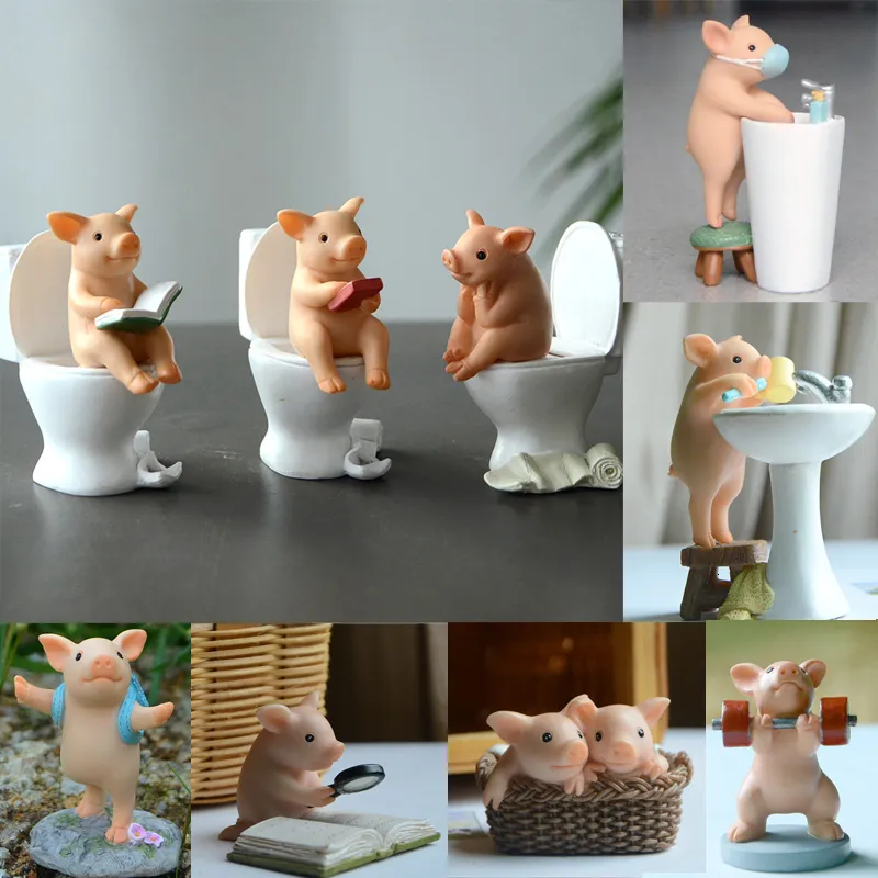 Objets décoratifs Figurines Cochon mignon sur la toilette Figure Faire de l'exercice Décoration de la maison Jardin Miniature Animal Décoration de bureau Jouets Cadeau pour les enfants 230725