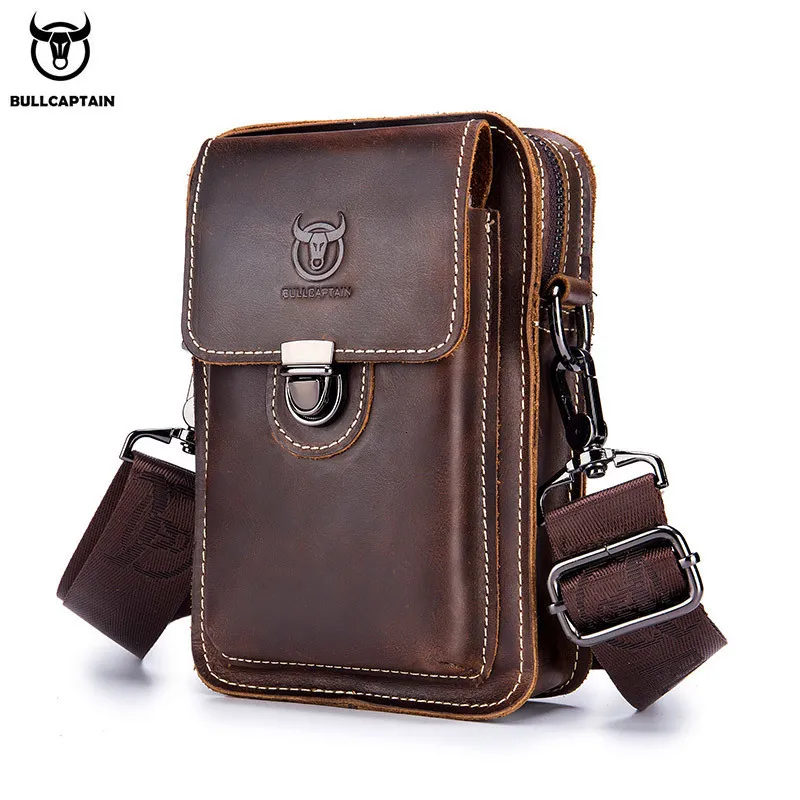 BULLCAPTAIN Crazy Horse Leder Männliche Taille Pack Telefon Beutel Taschen Taille Tasche männer Kleine Brust Schulter Gürtel Tasche Rucksack YB075 230724